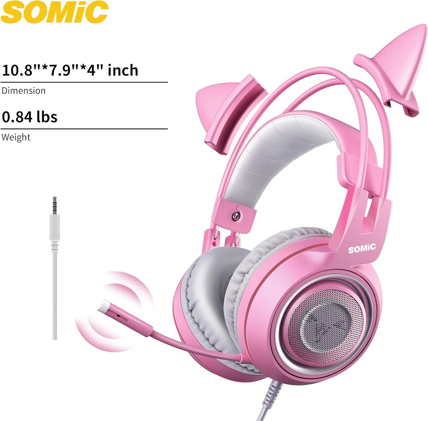 G951S Pink Stereo Gaming Headset with Mic for PS4, Xbox One, PC, Mobile Phone, 3.5MM Sound Detachable Cat Ear Headphones Lightweight Self-Adjusting over Ear Headphones for Women