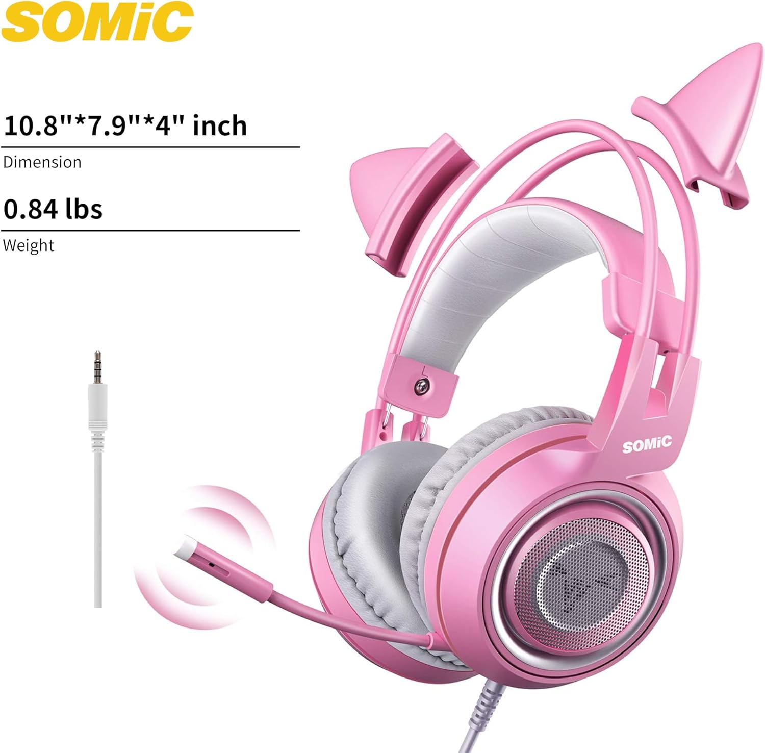 G951S Pink Stereo Gaming Headset with Mic for PS4, Xbox One, PC, Mobile Phone, 3.5MM Sound Detachable Cat Ear Headphones Lightweight Self-Adjusting over Ear Headphones for Women