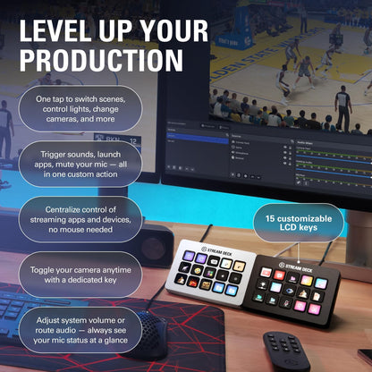 Stream Deck MK.2 – Studio Controller, 15 Macro Keys, Trigger Actions in Apps and Software like OBS, Twitch, ​Youtube and More, Works with Mac and PC
