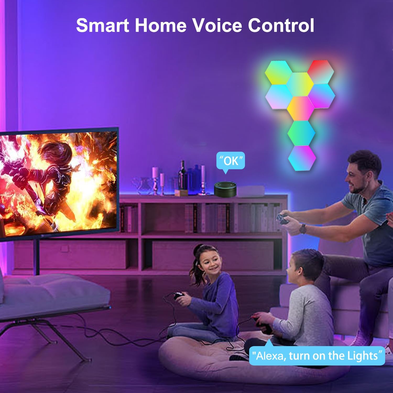 Hexagon LED Lights for Bedroom, Smart Home Gaming LED Wall Lights RGBIC Gaming Room Decor Compatible with Alexa Google Assistant, Voice/App Control, Music Sync, DIY Modular LED Light Panels, 10 Pack