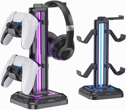 Headset Stand with 9 Light Modes - Detachable Controller Holder for Desk - Rotatable Headphone Stand & Controller Hook Hanger for PC Earphone Gaming Accessories