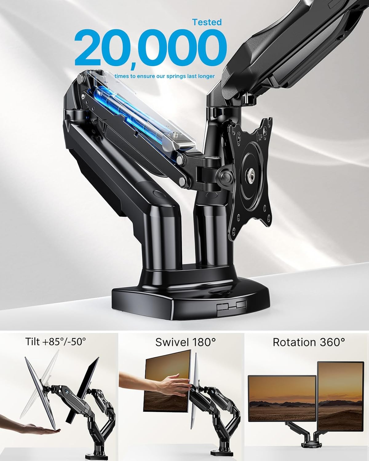 Dual Monitor Stand - Full Adjustable Monitor Desk Mount Swivel Vesa Bracket with C Clamp, Grommet Mounting Base for 13 to 32 Inch Computer Screens - Each Arm Holds 4.4 to 19.8Lbs