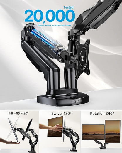 Dual Monitor Stand - Full Adjustable Monitor Desk Mount Swivel Vesa Bracket with C Clamp, Grommet Mounting Base for 13 to 32 Inch Computer Screens - Each Arm Holds 4.4 to 19.8Lbs
