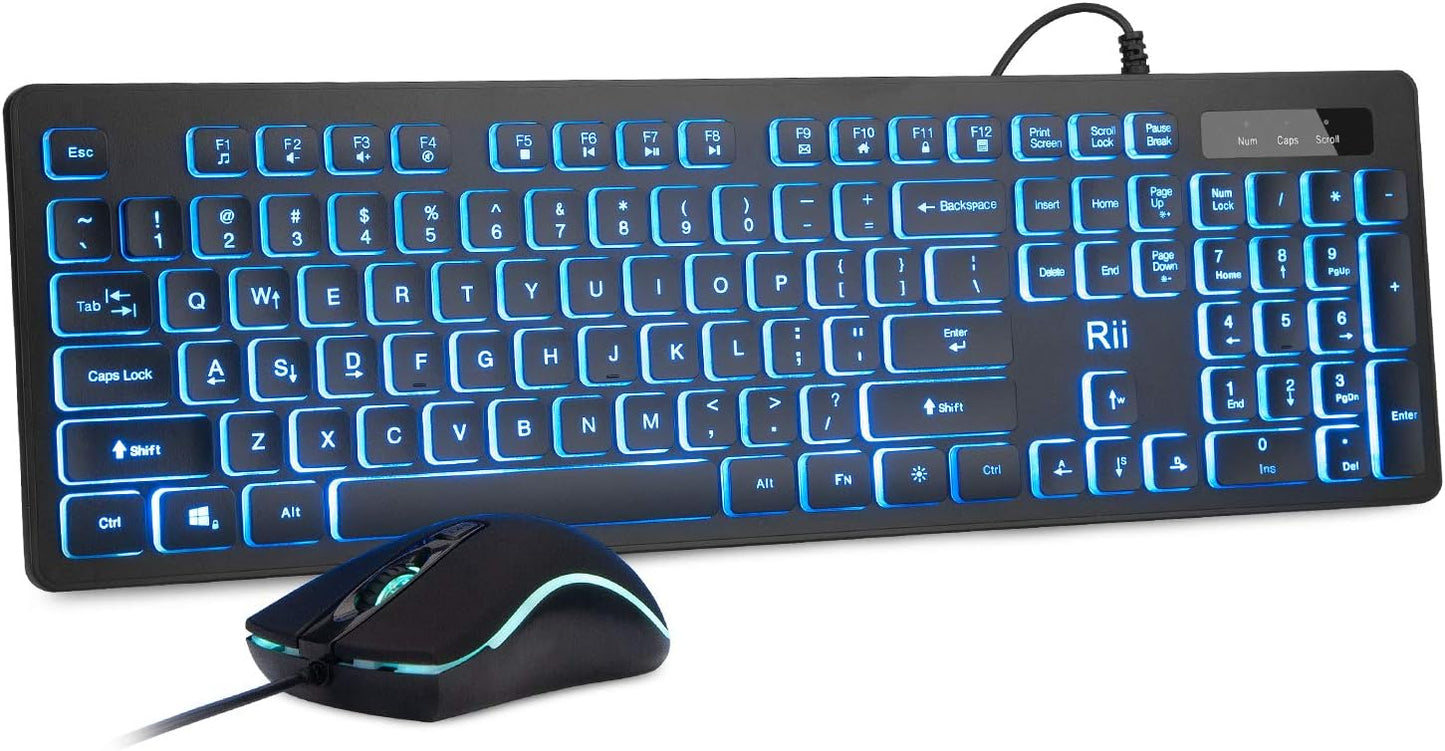 Three Colors Backlit Keyboard and Mouse, Wired Keyboard and Mouse Combo, USB Keyboard and Mouse Set,Quiet Input Gaming Keyboard,Optical RGB Mouse for School,Office,Business and Gaming