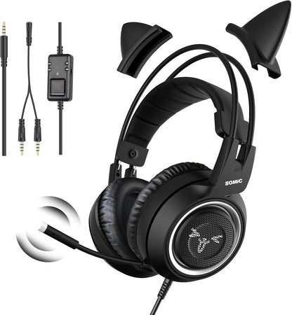 G951S Pink Stereo Gaming Headset with Mic for Ps4,Xbox,Pc,Mobile Phone,3.5Mm Noise Reduction Cat Ear Headphones Lightweight over Ear Headphones for Girls