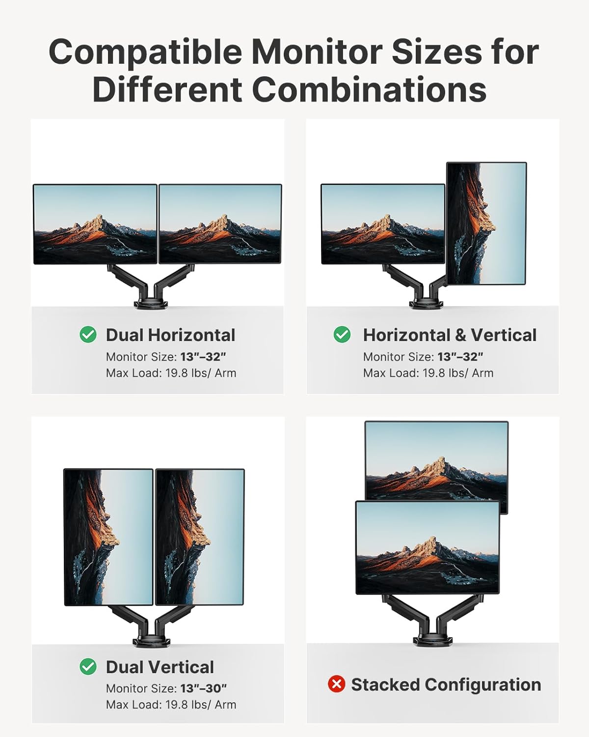 Dual Monitor Stand - Full Adjustable Monitor Desk Mount Swivel Vesa Bracket with C Clamp, Grommet Mounting Base for 13 to 32 Inch Computer Screens - Each Arm Holds 4.4 to 19.8Lbs