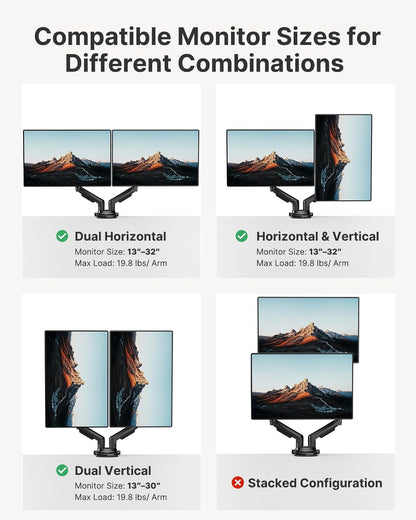 Dual Monitor Stand - Full Adjustable Monitor Desk Mount Swivel Vesa Bracket with C Clamp, Grommet Mounting Base for 13 to 32 Inch Computer Screens - Each Arm Holds 4.4 to 19.8Lbs