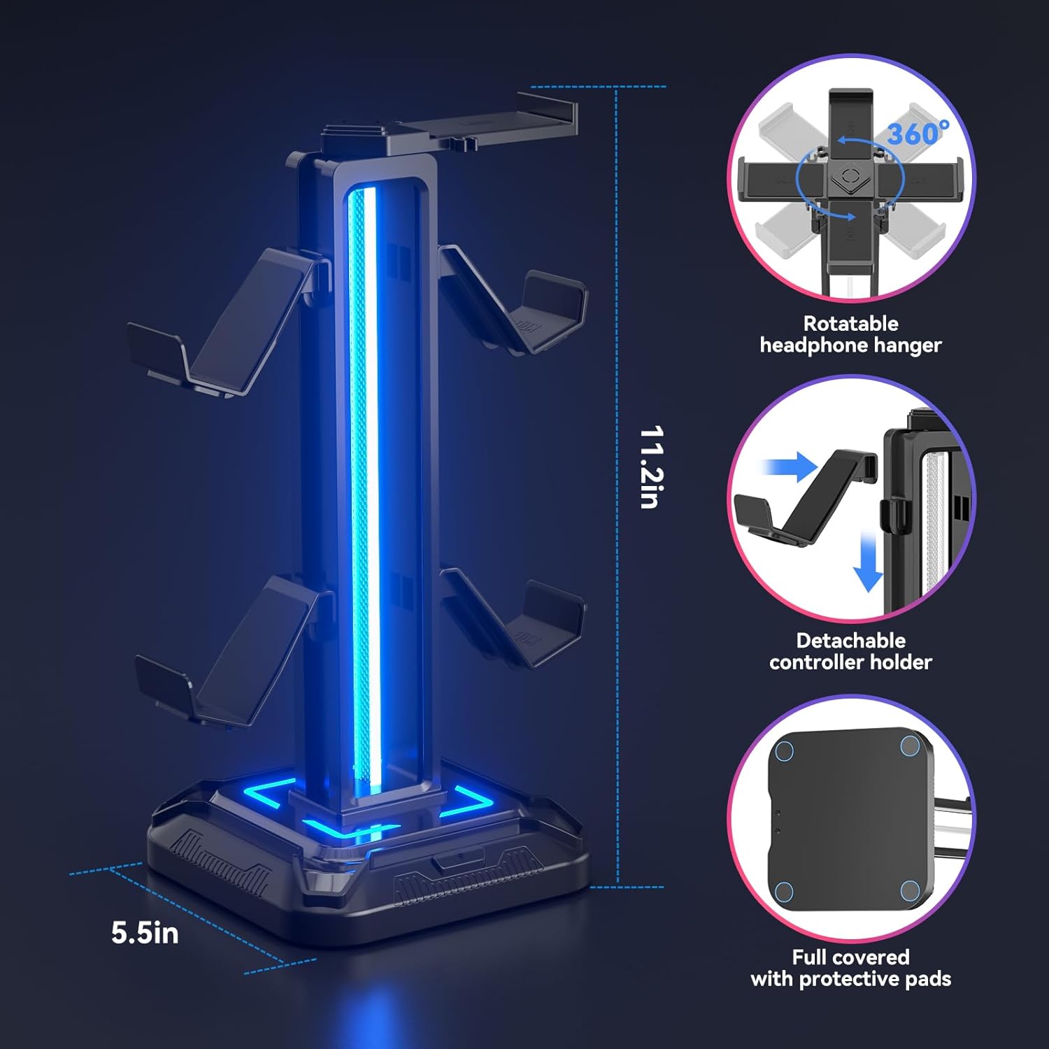 Headset Stand with 9 Light Modes - Detachable Controller Holder for Desk - Rotatable Headphone Stand & Controller Hook Hanger for PC Earphone Gaming Accessories