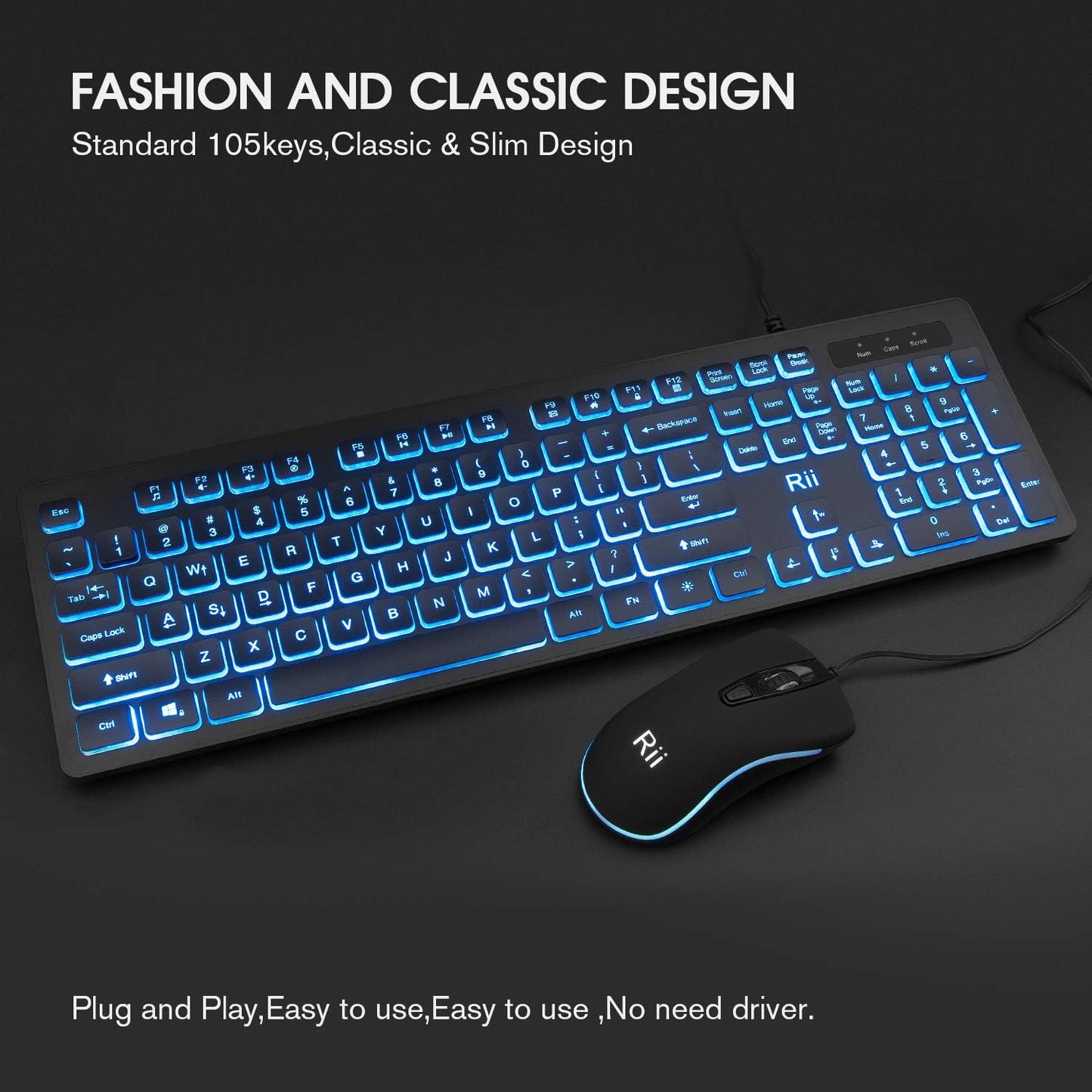 Three Colors Backlit Keyboard and Mouse, Wired Keyboard and Mouse Combo, USB Keyboard and Mouse Set,Quiet Input Gaming Keyboard,Optical RGB Mouse for School,Office,Business and Gaming