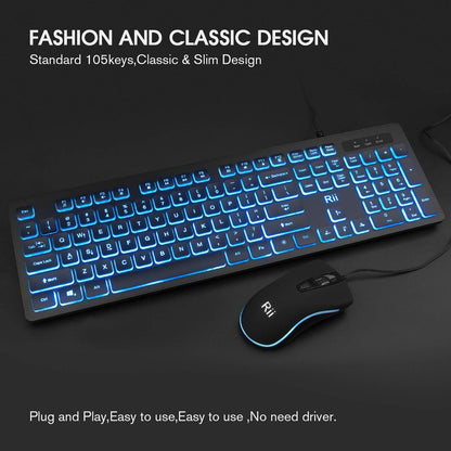 Three Colors Backlit Keyboard and Mouse, Wired Keyboard and Mouse Combo, USB Keyboard and Mouse Set,Quiet Input Gaming Keyboard,Optical RGB Mouse for School,Office,Business and Gaming