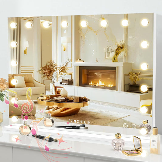 Vanity Mirror with Lights 32''X23'' Tempered Glass Large Hollywood Mirror with 18 Dimmable Bulbs for Makeup Table/Hanging Bluetooth Speaker Mirror with Touch Screen & USB Charge Port