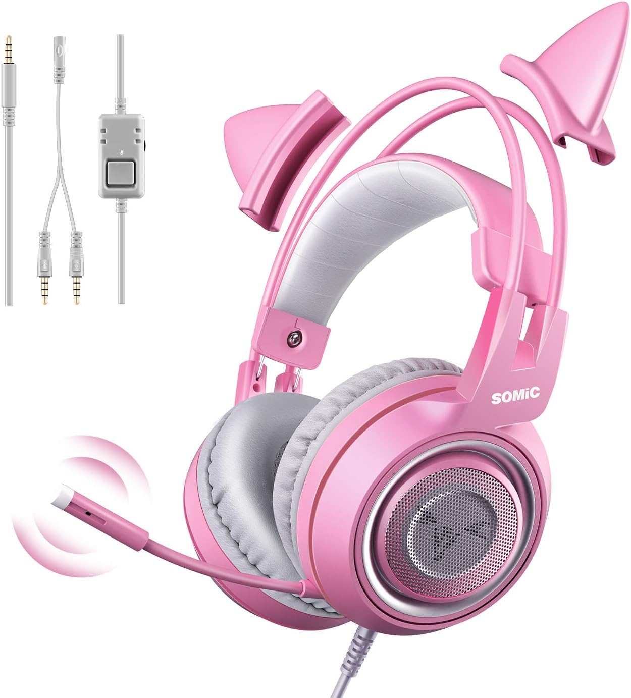 G951S Pink Stereo Gaming Headset with Mic for PS4, Xbox One, PC, Mobile Phone, 3.5MM Sound Detachable Cat Ear Headphones Lightweight Self-Adjusting over Ear Headphones for Women