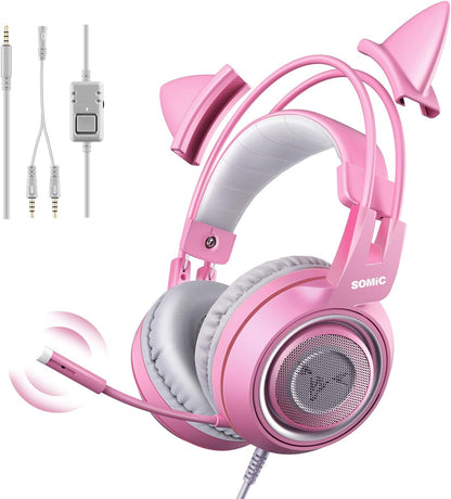 G951S Pink Stereo Gaming Headset with Mic for PS4, Xbox One, PC, Mobile Phone, 3.5MM Sound Detachable Cat Ear Headphones Lightweight Self-Adjusting over Ear Headphones for Women