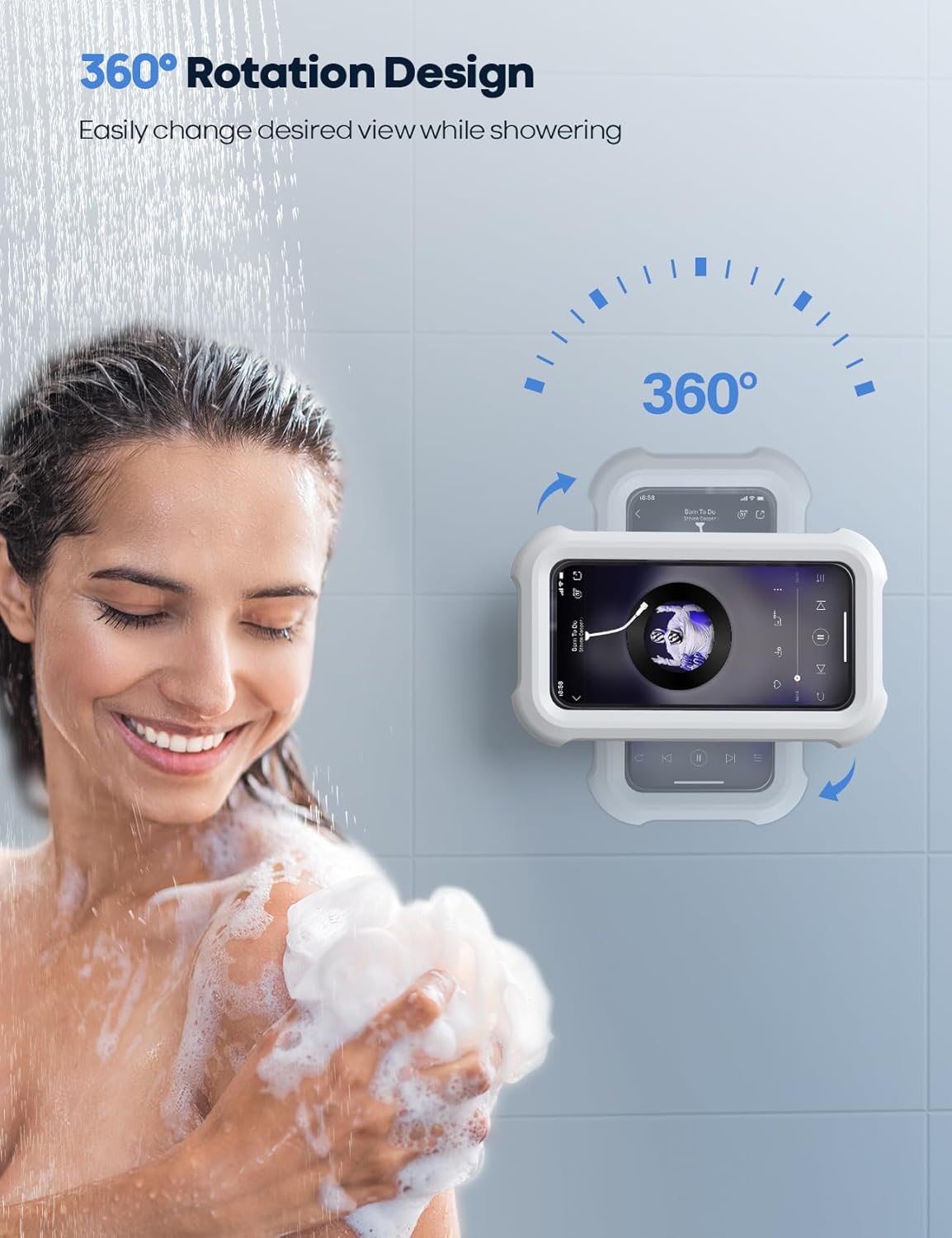 Shower Phone Holder Waterproof - 480° Rotatable Retractable Adjustable Shower Iphone Case Holder, Bathroom Wall Phone Mount Stand Water Proof anti Fog Case, Accessories for 4-7" Cellphones