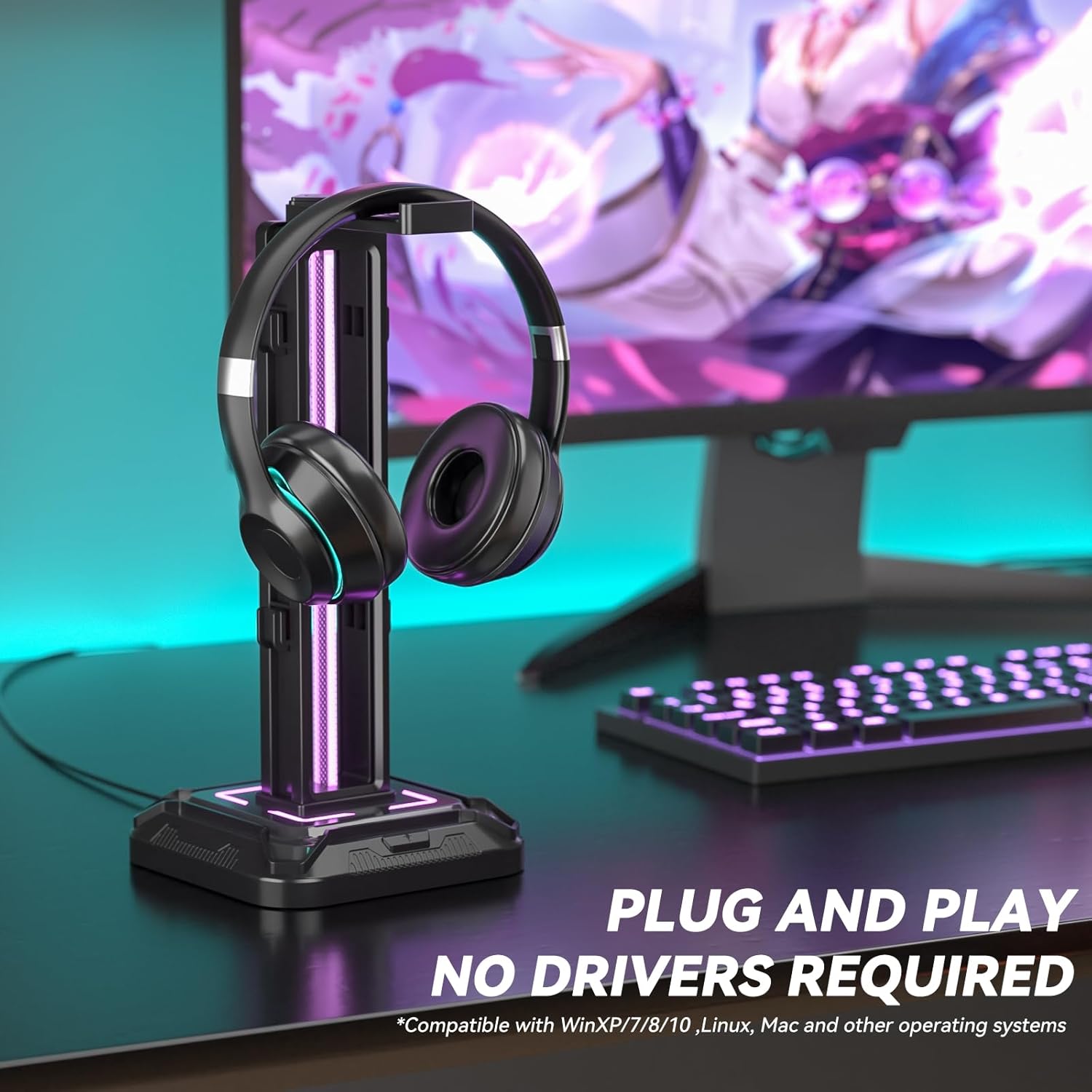 Headset Stand with 9 Light Modes - Detachable Controller Holder for Desk - Rotatable Headphone Stand & Controller Hook Hanger for PC Earphone Gaming Accessories