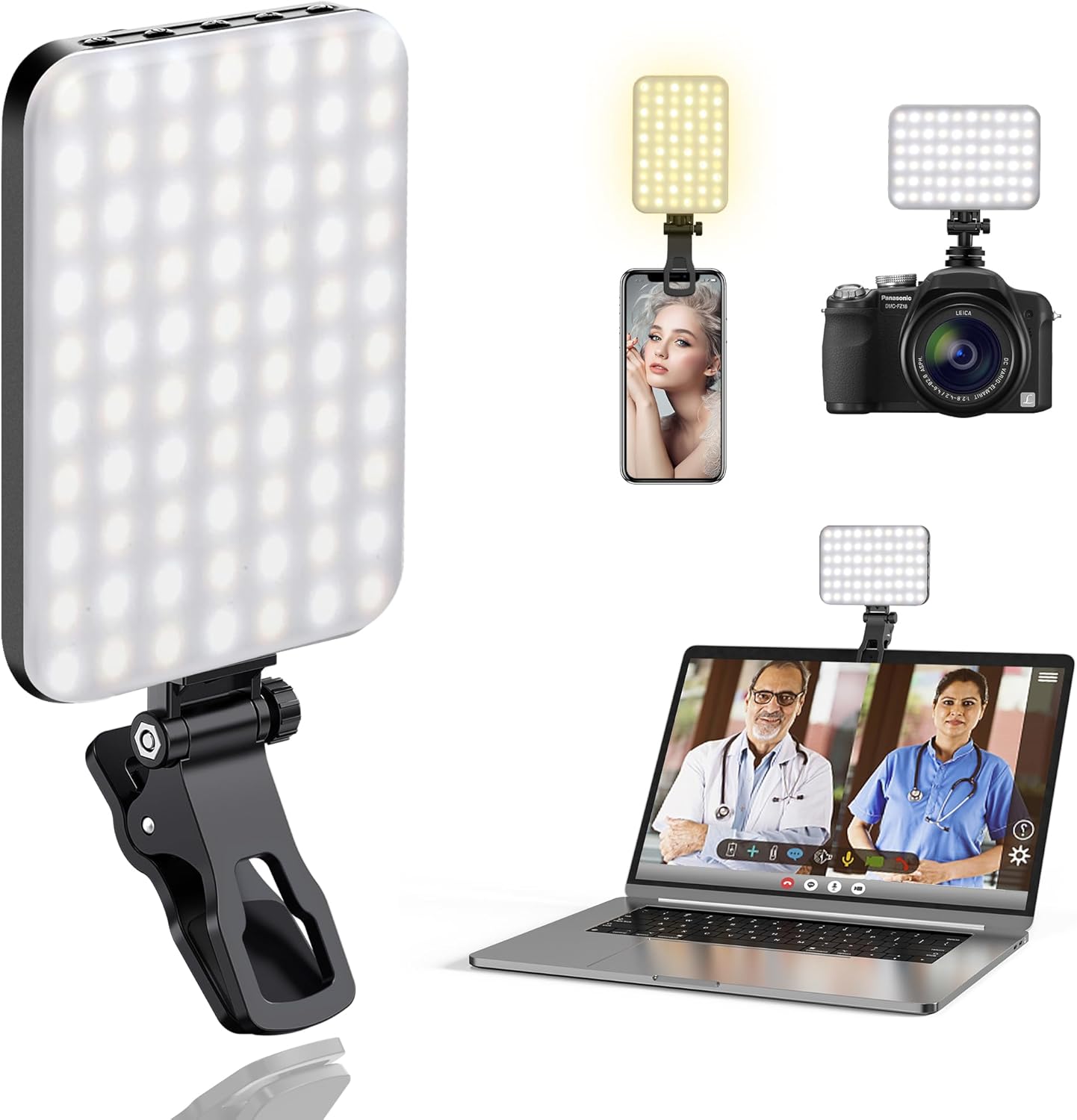 60 LED Portable Selfie Light Video Conference Lighting with Clip & Camera Tripod Adapter Rechargeable 2200Mah CRI 97+, 3 Light Modes for Phone Iphone Webcam Laptop Photo Makeup