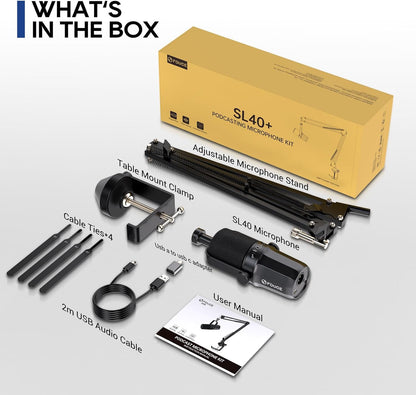 Dynamic Microphone, XLR/USB Podcast Recording PC Microphone for Vocal Voice-Over Streaming, Studio Metal Mic with Mute, Headphone Jack, Monitoring Volume Control, with Boom Arm (SL40+)