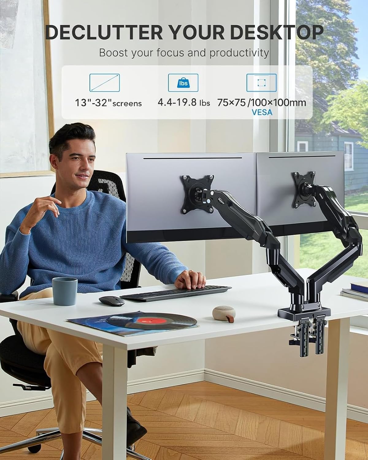 Dual Monitor Stand - Full Adjustable Monitor Desk Mount Swivel Vesa Bracket with C Clamp, Grommet Mounting Base for 13 to 32 Inch Computer Screens - Each Arm Holds 4.4 to 19.8Lbs