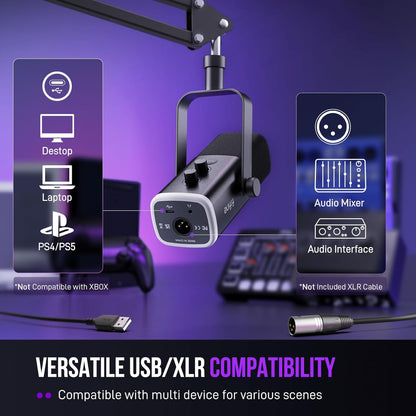 XLR/USB Gaming Microphone Set, Dynamic PC Mic for Streaming Podcasting, Computer RGB Mic Kit with Boom Arm Stand, Mute Button, Headphones Jack, for Recording Vocal Voice-Over-Ampligame AM8T