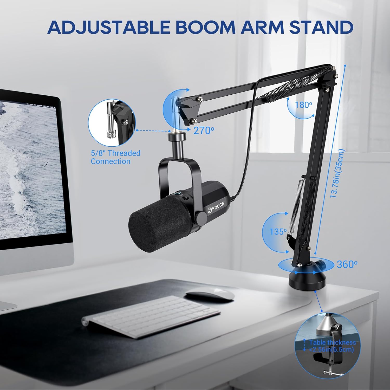 Dynamic Microphone, XLR/USB Podcast Recording PC Microphone for Vocal Voice-Over Streaming, Studio Metal Mic with Mute, Headphone Jack, Monitoring Volume Control, with Boom Arm (SL40+)
