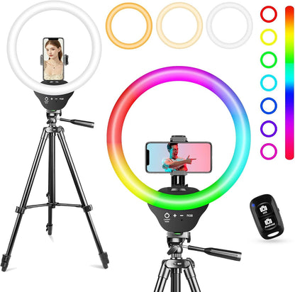 10'' Ring Light with 50'' Extendable Tripod Stand, LED Circle Lights with Phone Holder for Live Stream/Makeup/Youtube Video/Tiktok, Compatible with All Phones