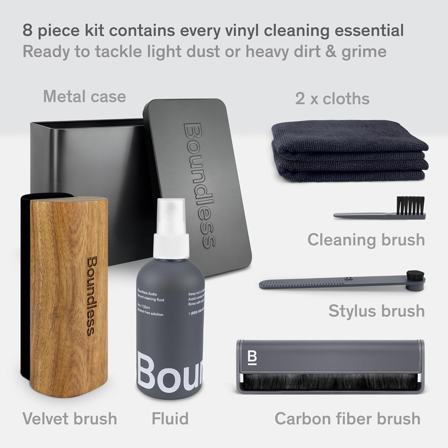 Vinyl Record Cleaning Kit - 8-In-1 Vinyl Cleaner Kit Includes Carbon Fiber & Velvet Record Brushes, Stylus Brush, Cleaning Solution, Microfiber Cloths & Metal Case