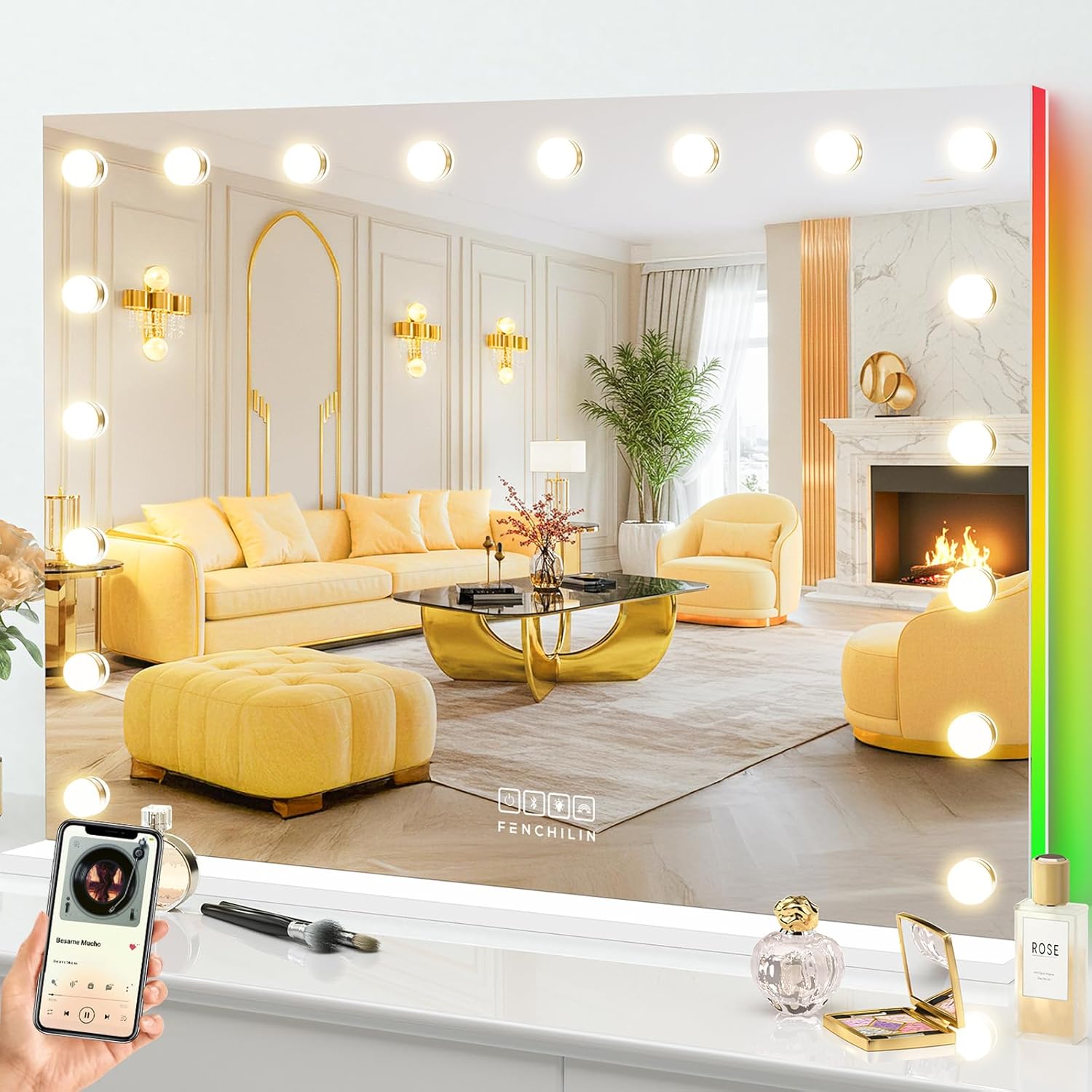 Vanity Mirror with Lights 32''X23'' Tempered Glass Large Hollywood Mirror with 18 Dimmable Bulbs for Makeup Table/Hanging Bluetooth Speaker Mirror with Touch Screen & USB Charge Port