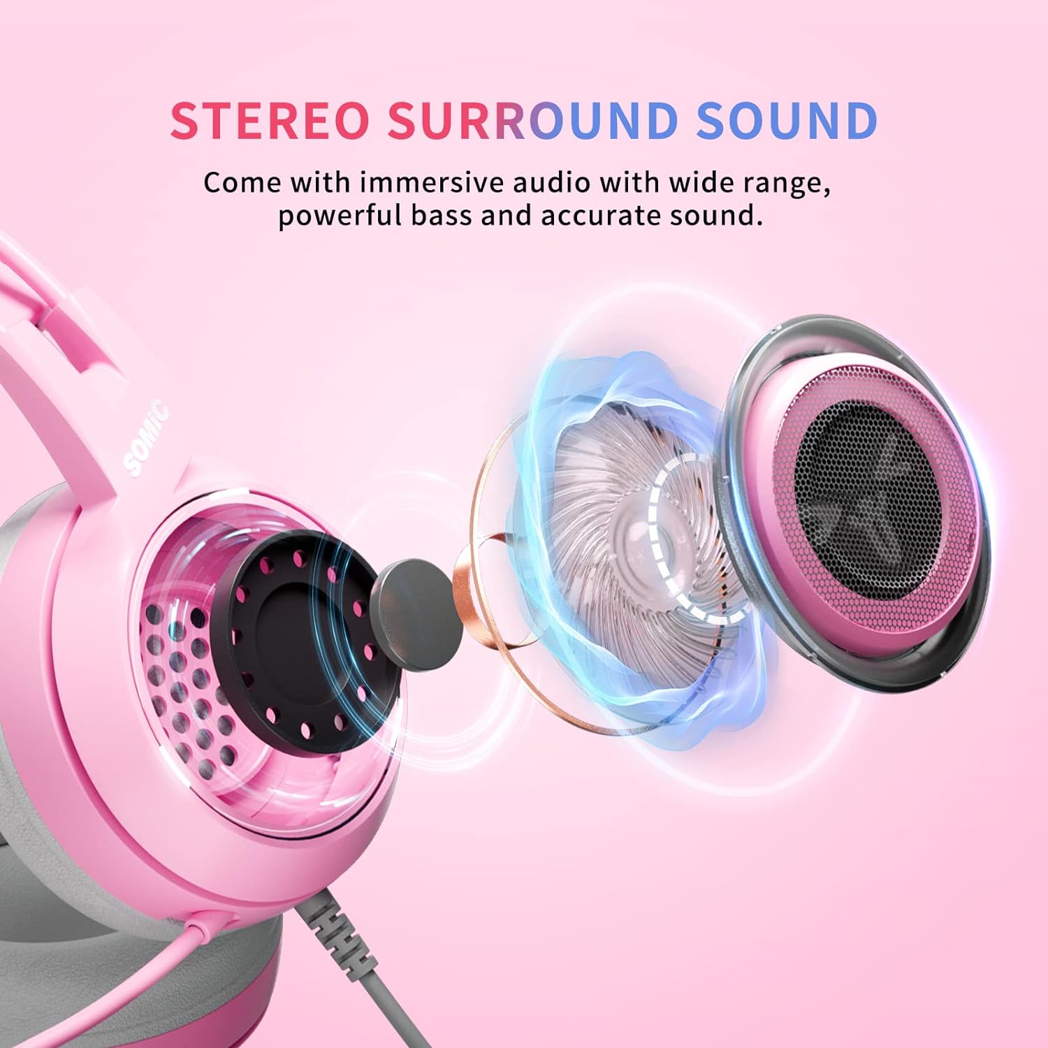 G951S Pink Stereo Gaming Headset with Mic for PS4, Xbox One, PC, Mobile Phone, 3.5MM Sound Detachable Cat Ear Headphones Lightweight Self-Adjusting over Ear Headphones for Women
