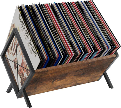 Vinyl Record Holder, 80-100 LP Vinyl Record Storage Rack, Quick Assembly Vinyl Record Display, Retro Style Organizer for Magazine, Book, Files, Albums (Rustic Brown, 1 Tier)