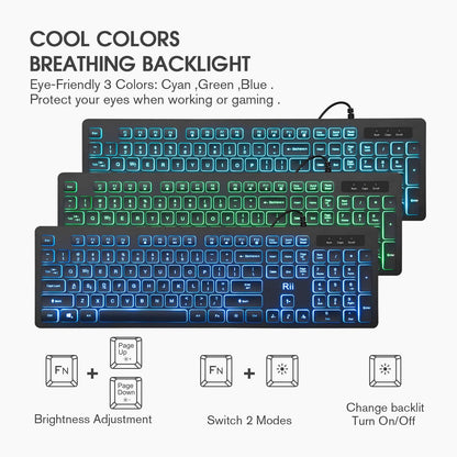 Three Colors Backlit Keyboard and Mouse, Wired Keyboard and Mouse Combo, USB Keyboard and Mouse Set,Quiet Input Gaming Keyboard,Optical RGB Mouse for School,Office,Business and Gaming