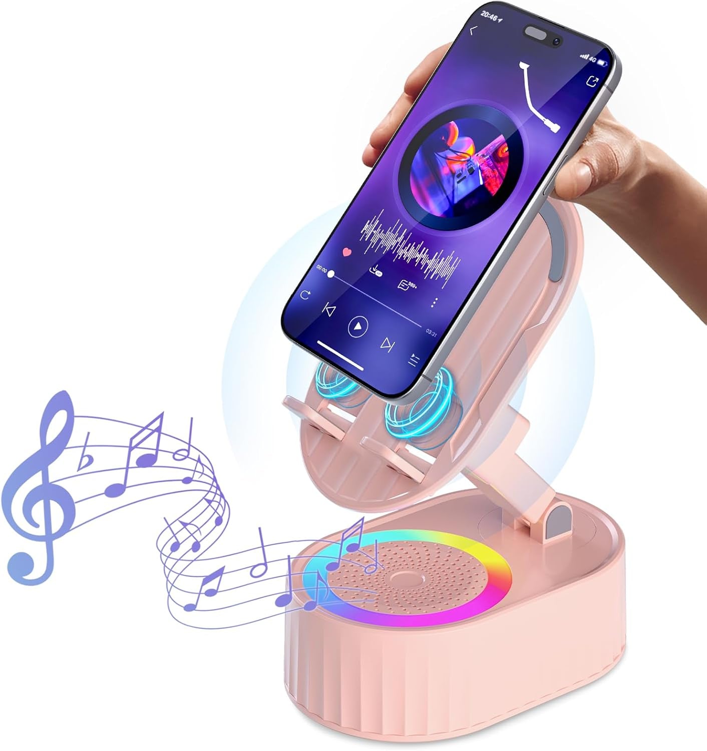 Wireless Induction Audio Bluetooth Speaker 5In1 Phone Holder Emergency Rechargeable (3000Mah) with Colorful Ambient Light 300° Foldable for Tablet Iphone Android, Gifts for Men Women (White)
