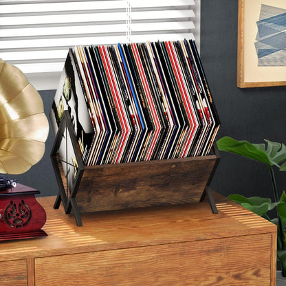 Vinyl Record Holder, 80-100 LP Vinyl Record Storage Rack, Quick Assembly Vinyl Record Display, Retro Style Organizer for Magazine, Book, Files, Albums (Rustic Brown, 1 Tier)