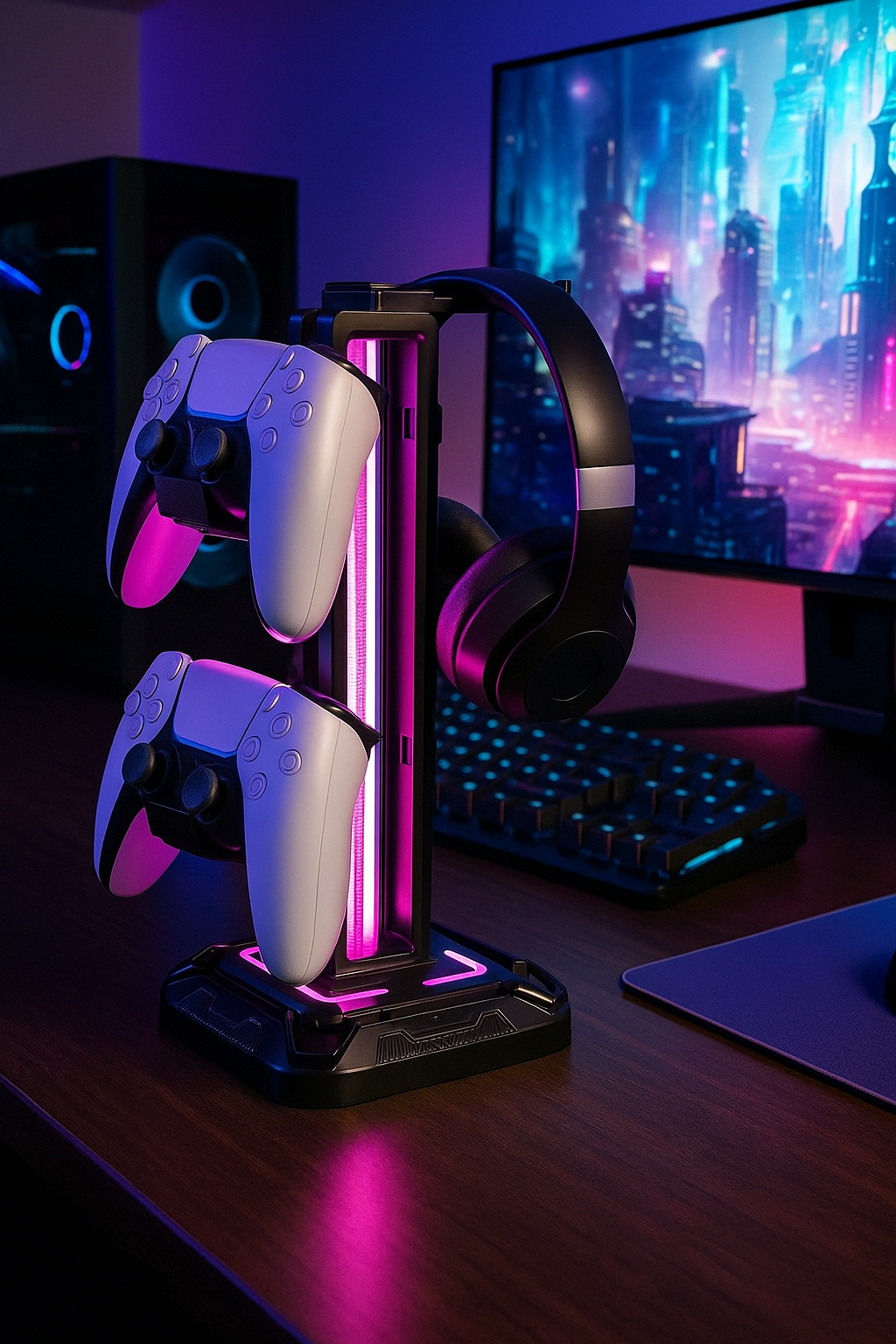 RGB Headset Stand with 9 Light Modes - Controller Holder for Desk - Rotatable Headphone Stand & Detachable Controller Hook for PC Earphone Accessories(Black)